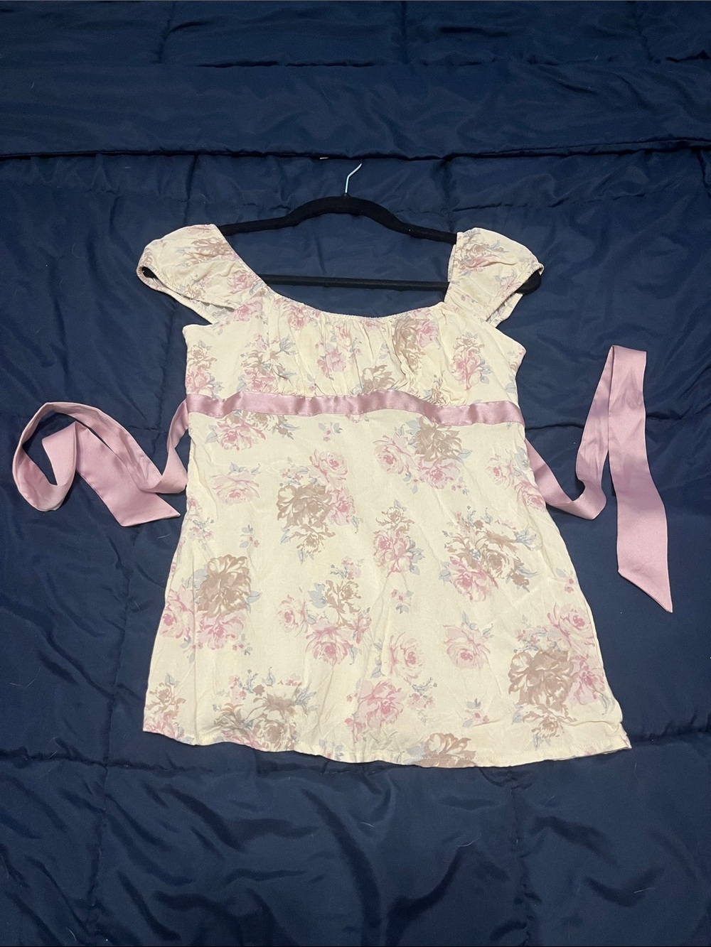 Hollister Cream Floral Cap-Sleeve Blouse with Pink Ribbon Trim